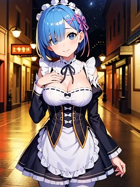 poor, short hair, maid headdress, x Hair accessories, Hair Ribbon, Hair on one eye, Large Breasts, Frills, Neck ribbon, Cleavage, dress, Removable sleeves, White apron, Waist apron, White Pantyhose, (Low length:1.1)
break 
(software), Please place your han...