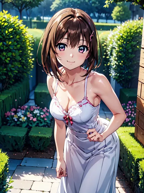 Highest quality、(Anime illustration style:1.5),High resolution、whole body、Standing、garden、hayate yagami、Shortcuts、Beautiful brown hair、Beautiful and attractive red eyes、Cross hair clip、smile、Very detailedな顔、Closed Mouth、smile、camisole、Long skirt、1 person、B...