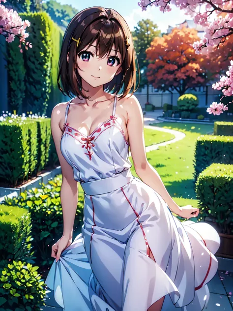 Highest quality、(Anime illustration style:1.5),High resolution、whole body、Standing、garden、hayate yagami、Shortcuts、Beautiful brown hair、Beautiful and attractive red eyes、Cross hair clip、smile、Very detailedな顔、Closed Mouth、smile、camisole、Long skirt、1 person、B...