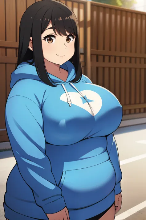 Plump year 21 big breasts black hair brown eyes chubby longer hair big breast smile hoodie