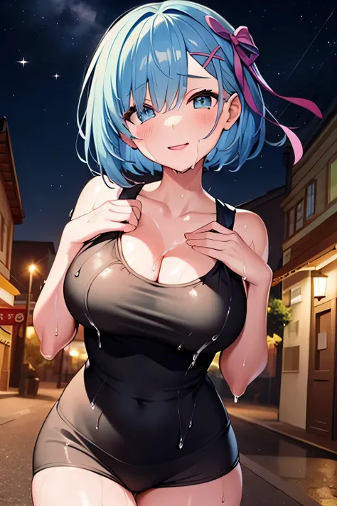 poor, short hair, x Hair accessories, Hair Ribbon, Hair on one eye, Large Breasts, Cleavage, (Low length:1.1),Cowboy Shot,(Wet Skin:1.3),
break 
(software), Please place your hand on your chest, head tilt
break
little smile, Happy, (blush), (shut up.)
brea...