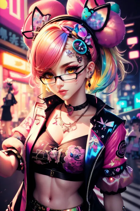 This is a colorful and ornate (masterpiece). Generate a trendy decora woman in the colorful and busy streets of cyberpunk Akihabara, Tokyo. Generate a lovely decora and cyberpunk adult woman in the style of Artstation and cyberpunk Harajuku street fashion....