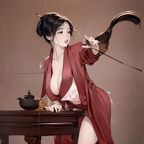 ((high-definition Chinese traditional ink image, hanfu)), eyes realistic sizing, drooping eyes, smiling, ((raise legs, standing and straddling to hit her crotch on a corner of the table for (intense masturbation))), ((pubic hair, large areolas, orgasm)), o...