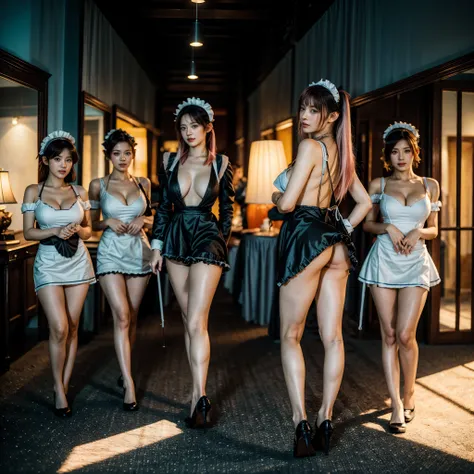 (Full Body of Extremely Detailed((Sexy Maid Group in a row:1.37))), KAWAII perfect face, Reflective Eyes, Detailed(Delicate Clothing textures), Correct Leg Line, Dynamic Joyful Expressions LifeLike Rendering, Specular Reflection, TopQuality 8K Ultra-detail...