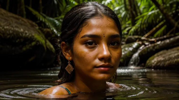 create a highly realistic and detailed close-up of a south american indigenous woman's face as she bathes in a river. focus on h...