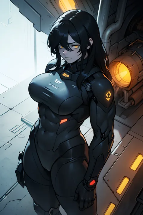 mechanical suit dark atmosphere black hair yellow eyes pale skin muscular girl massive breasts solo muscular body expressionless sad empty eyes cinematic lighting gloomy somber from above long hair hair flaps