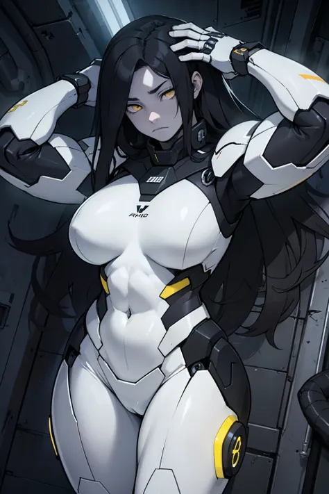 mechanical suit dark atmosphere black hair yellow eyes pale skin muscular girl massive breasts solo muscular body expressionless sad empty eyes cinematic lighting gloomy somber from above long hair hair flaps