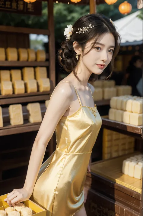 (((best quality))),(((ultra detailed))),(((masterpiece))),illustration,((1 beautiful girl,solo)),(shoulder-length straight bob:0.8),((slim,thin)),((small breasts,flat chest)),delicate face, twinkling eyes,(osmanthus flower dress:1.3),(slender legs:1.2),(st...