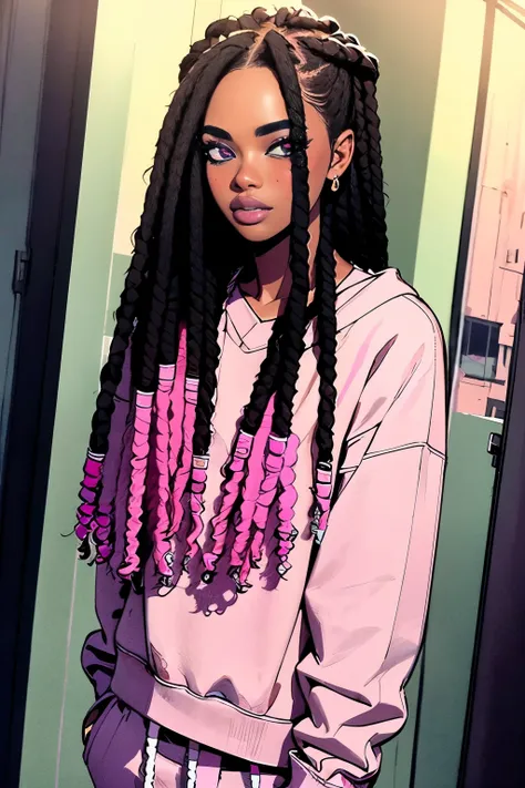 effeminate black boy, in pink sweatpants, long dreads, in street, pastel color, 1boy, beautiful detailed eyes, beautiful detailed lips, extremely detailed eyes and face, longeyelashes, photorealistic, 8k, highres, masterpiece, ultra-detailed, realistic, vi...