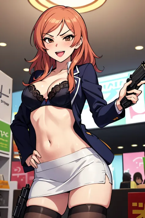 1girl, komatsu ibuki, :d, blush, lipstick, long hair, Hot girl, baddie, staring, glaring, bad attitude, mean girl, crazy, smoking, mall, shopping center,indoors, smile, masterpiece, best quality, highly detailed, a girls with a gun, open mouth, blazer, sex...