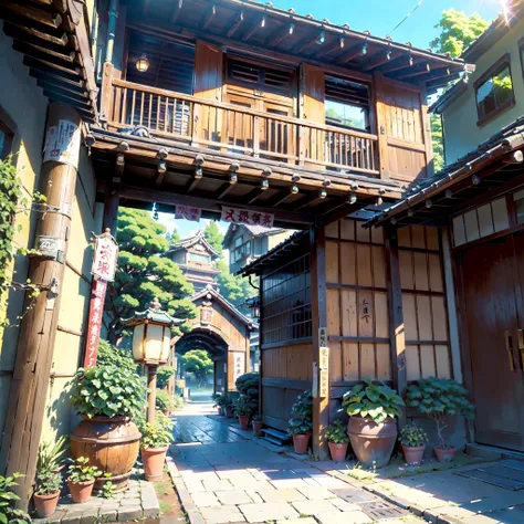 ((score_9, score_8_up, score_7_up, score_6_up)), ((rural japanese street corner: 1.3)), japanese architecture, ((torri gate arching over street: 1.2)), detailed anime artwork, anime scene, ((bright blue sky: 1.0)), extra detailed, very detailed, ((vibrant ...