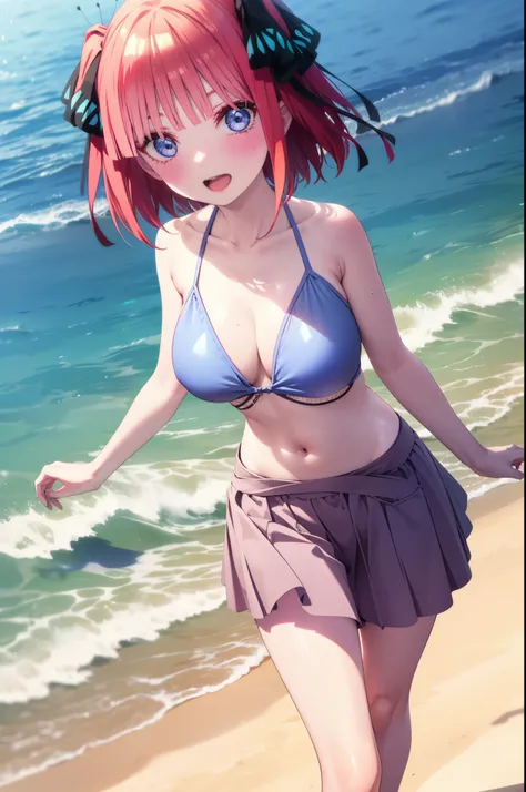  Nakano Nino, Short Hair, bangs, blue eyes, hair ornaments, Hair Ribbon, Pink Hair, blunt bangs, Both sides up, butterfly hair ornaments,Big Breasts,smile,Open your mouth,Black string bikini swimsuit,Pareo Swimsuit,Belly button,abdomen,barefoot,A thin long...