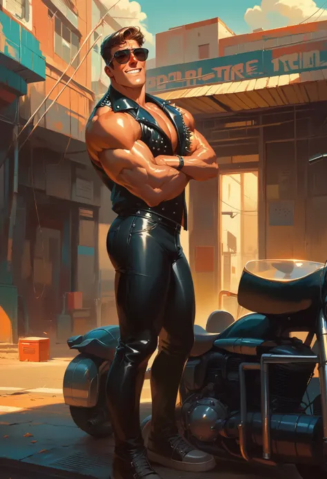 Handsome and huge gangster bodybuilder Roman Todd on motorcycle, huge muscles, crotch lump, Shiny black quilted and studded leather jacket with high spikes, shiny black leather shirt, shiny black leather pants, black sunglasses, industrial architecture: 1....