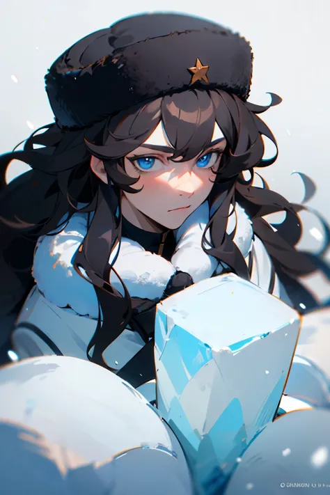 ((best quality)), ((masterpiece)), (detailed), Male, long hair, wavy hair, dark hair, wearing black and white clothes, wearing white ushanka, snow, ice, aloof face, blue eyes