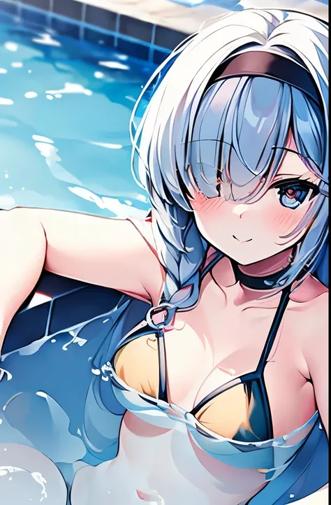 ((masterpiece)), ((best quality)), (ultra-detailed), pool, a cute girl, 1girl, solo, bikini, ((beautiful eyes)), smile