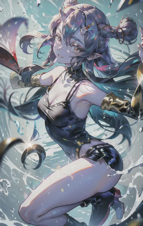 1girl, mature, lum, tamamo no mae, pointed ears, purple hair, ((bangs)), ((hime cut)), long hair, short side fringe, (((tiny horns on forehead))), BREAK, 
(((cyan top))), (((empire waistline))), flowy shirt, loose top, (sleeveless), ((spaghetti strap)), ((...