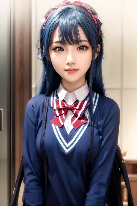 Masterpiece, best quality, CG, wallpaper, HDR, high quality, high-definition, extremely detailed, looking at viewer, smile, cute girl, ultra realistic, ultra detail, 70 mm lens, blue hair