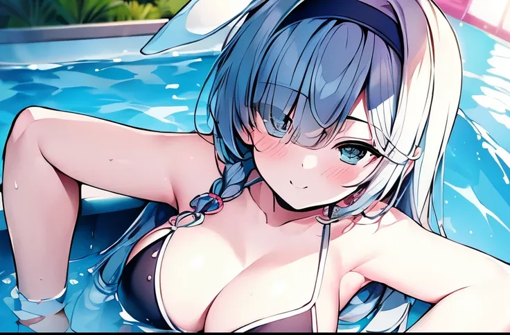 ((masterpiece)), ((best quality)), (ultra-detailed), pool, a cute girl, 1girl, solo, bikini, ((beautiful eyes)), smile