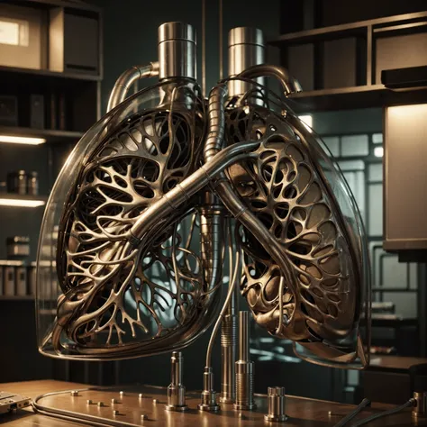 cybenetic lungs in close-up, cables tubes, is on a metal table in a high-tech retro-Soviet style laboratory, cables, tubes and machines, retro-Soviet style biological laboratory, Ultra detailed, hyperrealistic, 4k, Ultra detailed image, realistic, Highly d...