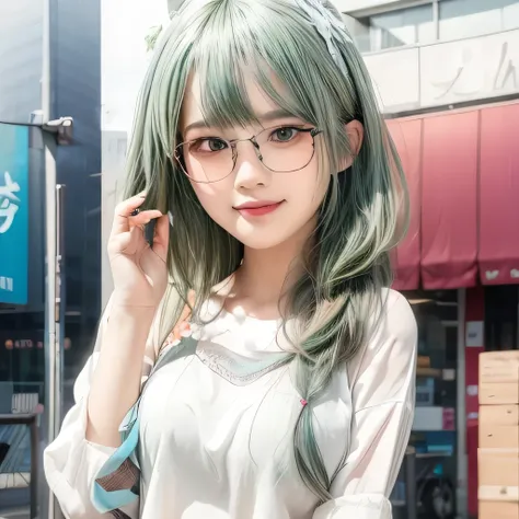 Masterpiece, best quality, CG, wallpaper, HDR, high quality, high-definition, extremely detailed, looking at viewer, smile, cute girl, ultra realistic, ultra detail, 70 mm lens, green hair, glasses