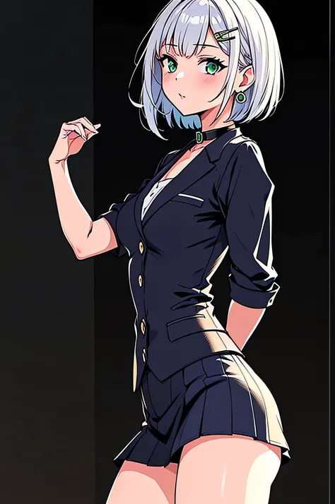 all intricate details, cientificamente: perfect body, girl 1, (masterpiece, best quality:1.2), illustration, solo, 1girl view, short hair, white hair, green eyes, short green blazer, black miniskirt, detailed background, looking at viewer, hair ornaments, ...