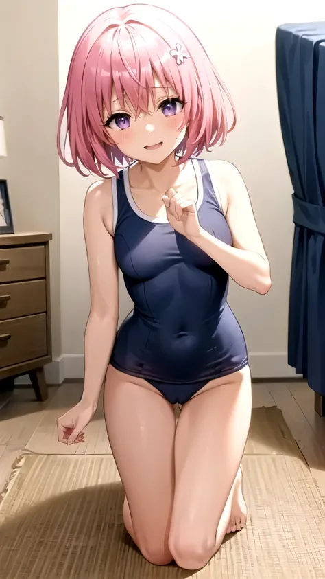 8k,Highest,quality,(highest quality:1.1), (masterpiece:1.4), (Confused:1.0), 
1 person, Deviluke Type, hair ornaments, Bobcut, Short Hair Pink Hair, Purple eyes, Narrow waist,medium breasts, ((Navy blue school swimsuit)), ((((In her room)))), (blush:1.2), ...