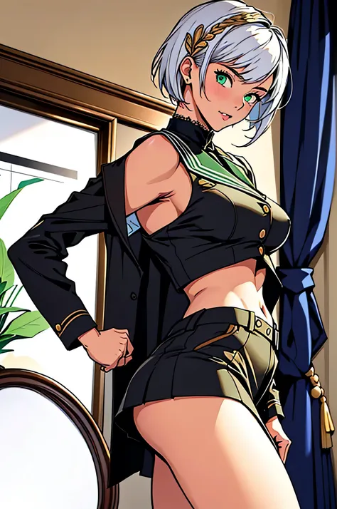 all intricate details, cientificamente: perfect body, girl 1, (masterpiece, best quality:1.2), illustration, solo, 1girl view, short hair, white hair, green eyes, short green blazer, black miniskirt, detailed background, looking at viewer, hair ornaments, ...