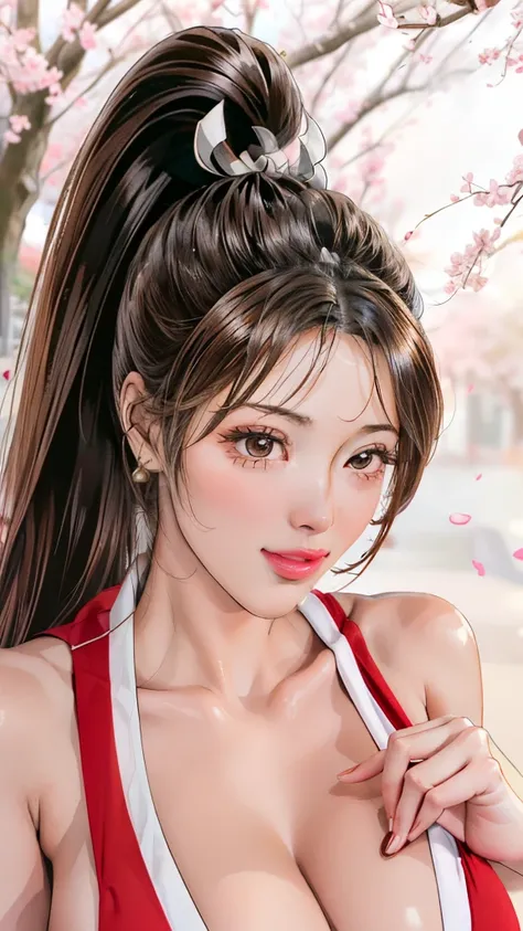 Japanese Beauty，Cherry Blossoms，Petals are just beginning to fall, In a park rich in nature、plant, (((Sexy姿势的杰作))), ((best quality)), ((complicated)), ((Surrealism)), Mature woman, Mature woman, , Very detailed, shape, mai Shiranui, ((Huge breasts)), Perfe...