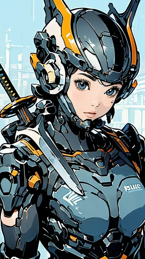 Android Police Suit、Upper Body、Close-up of face、solo、Beautiful woman、Black Hair、Bobcut、Dynamic pose、Carrying a sword、Moderate bust、scenery、The future will、flight、Mecha Police、Half helmet、masterpiece、Highest quality