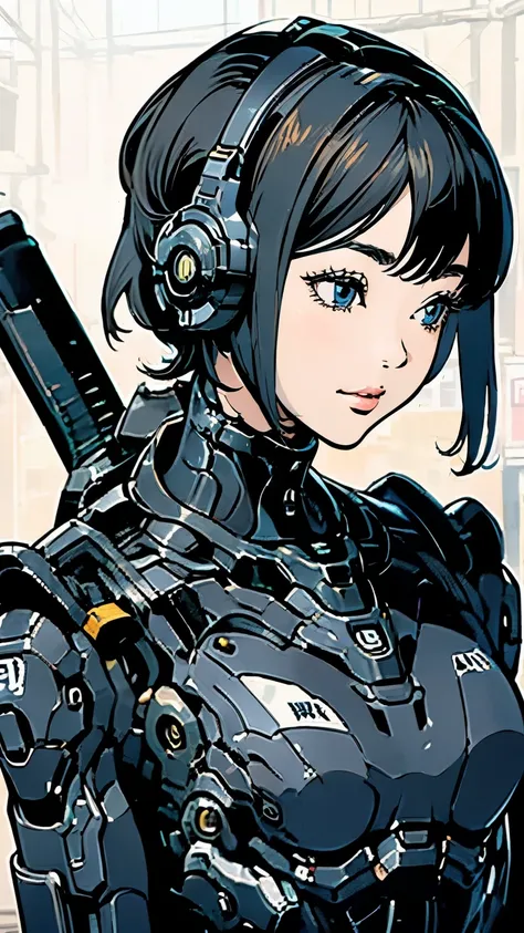 Android Ninja Suit、Upper Body、Close-up of face、solo、Beautiful woman、Black Hair、Bobcut、smile、Dynamic Angles、Carrying a sword、Moderate bust、scenery、The future will、flight、Mecha Ninja、Half helmet、masterpiece、Highest quality