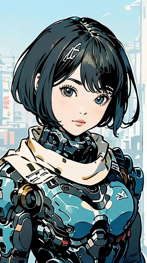 Android Ninja Suit、Upper Body、Close-up of face、solo、Beautiful woman、Black Hair、Bobcut、smile、Scarf、Carrying a sword、Moderate bust、scenery、The future will、flight、Mecha Ninja、Optical camouflage、Half helmet、masterpiece、Highest quality