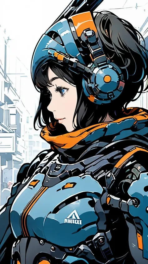 Android Ninja Suit、profile、Close-up of face、solo、Beautiful woman、Black Hair、Bobcut、smile、Scarf、Carrying a sword、Moderate bust、scenery、The future will、flight、Mecha Ninja、Urban camouflage、Half helmet、masterpiece、Highest quality