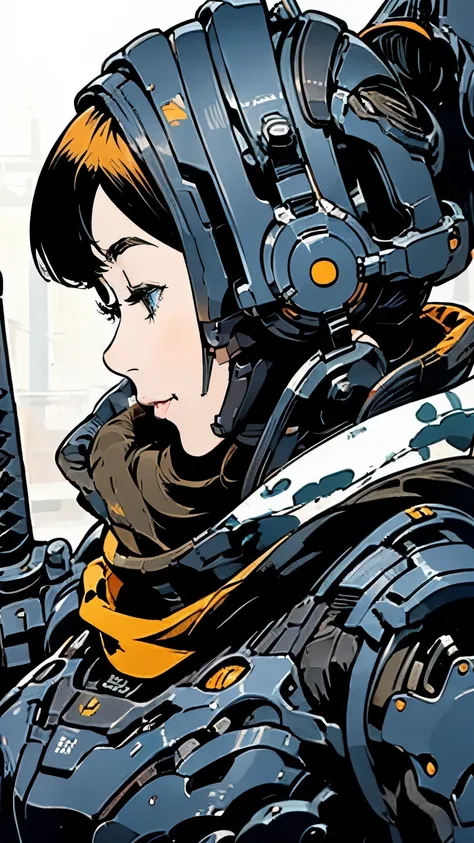 Android Ninja Suit、profile、Close-up of face、solo、Beautiful woman、Black Hair、Bobcut、smile、Scarf、Carrying a sword、Moderate bust、scenery、The future will、flight、Mecha Ninja、Urban camouflage、Half helmet、masterpiece、Highest quality