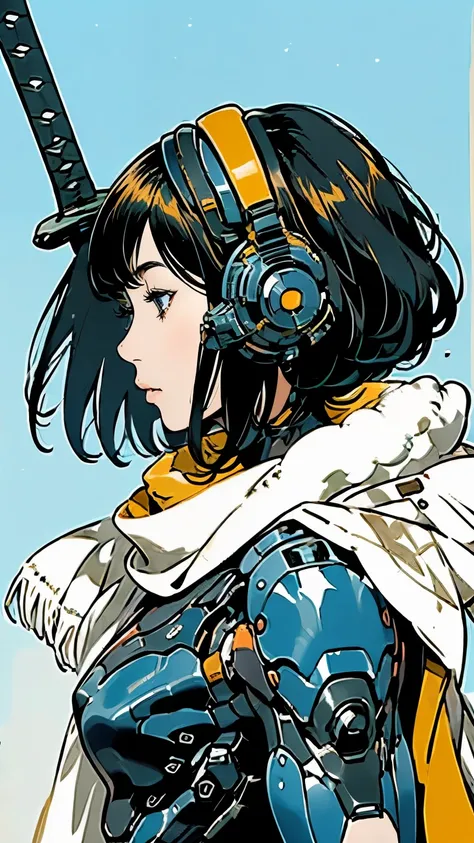 Android Ninja Suit、profile、Close-up of face、solo、Beautiful woman、Black Hair、Bobcut、Looking up at the sky、Scarf、Carrying a sword、Hold a shield、Moderate bust、scenery、The future will、flight、Mecha Ninja、Urban camouflage、Half helmet、masterpiece、Highest quality