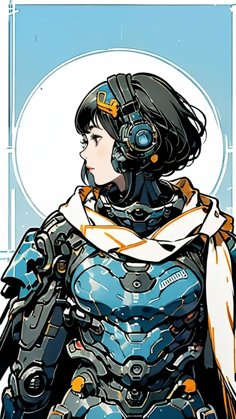 Android Ninja Suit、profile、Close-up of face、solo、Beautiful woman、Black Hair、Bobcut、Looking up at the sky、Scarf、Carrying a sword、Hold a shield、Moderate bust、scenery、The future will、flight、Mecha Ninja、Urban camouflage、Half helmet、masterpiece、Highest quality