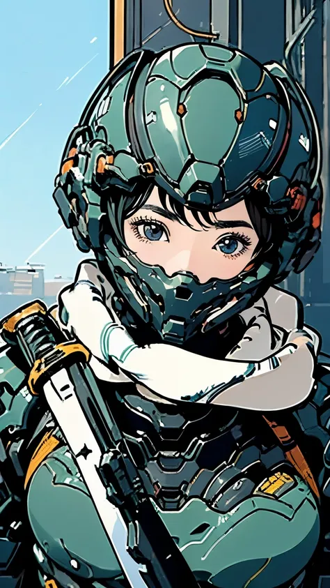 Android Ninja Suit、Close-up of face、solo、Beautiful woman、Black Hair、Bobcut、Looking up at the sky、Scarf、Carrying a sword、Holding a shield、Moderate bust、scenery、The future will、、Mecha Ninja、Urban camouflage、Half helmet、masterpiece、Highest quality