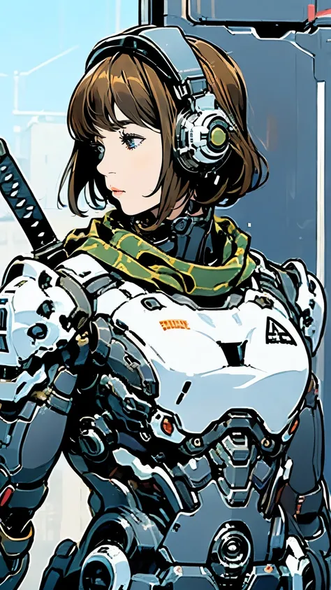 Android Ninja Suit、Upper Body、Close-up、solo、Beautiful woman、Black Hair、Bobcut、Looking up at the sky、Scarf、Carrying a sword、Holding a shield、Moderate bust、Small parts、scenery、The future will、、Mecha Ninja、Urban camouflage、Half helmet、masterpiece、Highest qual...