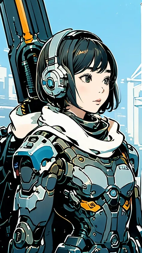 Android Ninja Suit、Upper Body、Close-up、solo、Beautiful woman、Black Hair、Bobcut、Looking up at the sky、Scarf、Carrying a sword、Holding a shield、Moderate bust、Small parts、scenery、The future will、、Mecha Ninja、Urban camouflage、Half helmet、masterpiece、Highest qual...