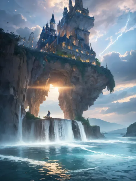 (8k, highest quality, masterpiece, final fantasy style: 1.2), (unRealistic, photoRealistic: 1.37), Dreamy landscape, Fantasy, Unsurreal landscapes, Super detailed, Flying Castle, Floating Island in the Sky, Seven-colored swirl of light, Intense lightning, ...