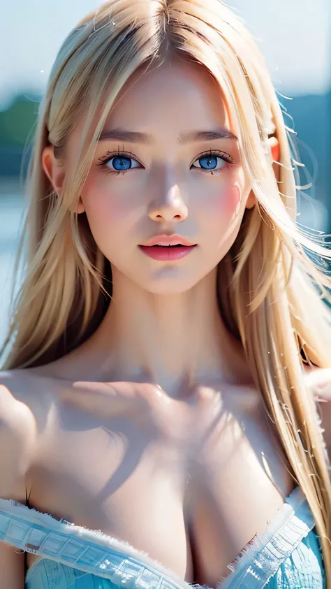 True Photo Quality、A beautiful girl、Extraordinary sexy beauty、Beautiful calm and bright expression、Sexy refreshing look、Long bangs that fall on a perfect beautiful cute face、Super long blonde straight silky hair、blonde on a beautiful face、Very cute beautif...