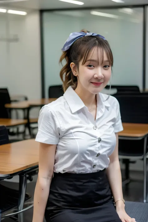 close up,1 girl{{a beautiful woman wearing a white short-sleeved shirt and a short black pencil skirt}} , standing, sexy pose.  ...