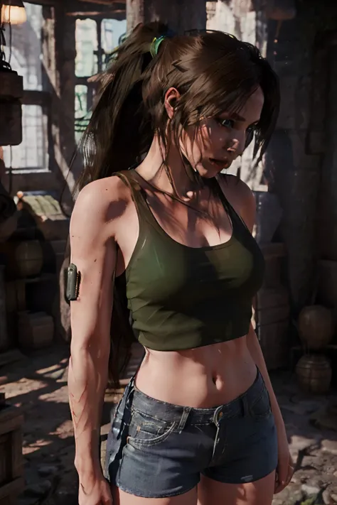 lara croft, shorts jeans curto, green short top, long ponytail hair, super detaill, high resolution, 8k, Overview