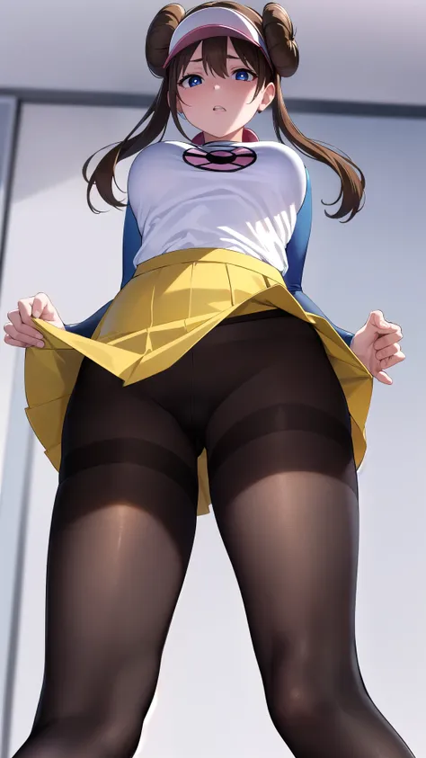 Rosa, Rosa, Brown Hair, Double Bang, doughnut Hair Bun, Hair Bun, blue eyes, Hair between the eyes, Twin tails, Large Breasts, Open your mouth,
break pantyhose, (Pantyhose under shorts), Raglan sleeves, skirt, (yellow skirt), White shirt, Blue Sleeve, Long...