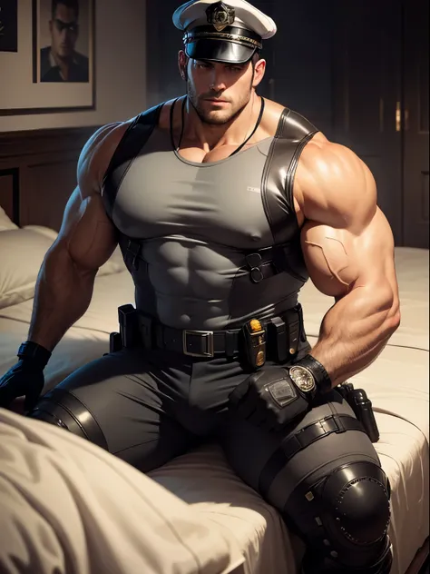 1 senior police officer in a light gray police uniform, his arms are long and thick, wearing sunglasses, lying on a large white and soft bed with warm fluff, wearing a police officers hat, muscle hero, Buzz Cut, tall, burly, muscular! Tall burly, sneak sui...