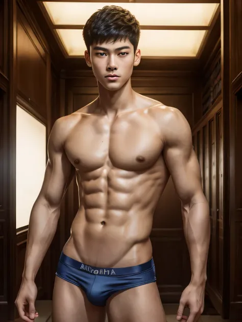 (masterpiece:1.2, photorealistic:1.4, ultra realistic, super detailed, 4k, best quality), a 16-year-old Chinese boy standing in a college library shirtless and wearing only pants, young face, chinese idol, very slim body build, skinny, twink, light muscle ...