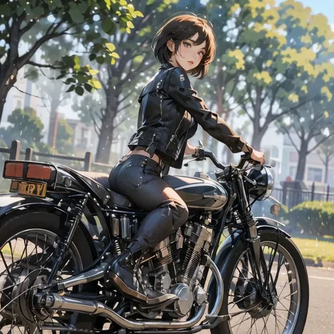 Bluff Superior SS100、(クラシックRiding on motorcycle )、(Vintage Bikes、Bluff Superior SS100)、Isle of Man Races、 (Riding on motorcycle:1.2), Beautiful young woman、18-year-old、Beautiful Face, Beautiful delicate eyes, Black Hair, Short Bob Hair,  Classic Leather Ja...