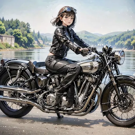 Bluff Superior SS100、(クラシックRiding on motorcycle )、(Vintage Bikes、Bluff Superior SS100)、Isle of Man Races、 (Riding on motorcycle:1.2), Beautiful young woman、18-year-old、Beautiful Face, Beautiful delicate eyes, Black Hair, Short Bob Hair,  Classic Leather Ja...