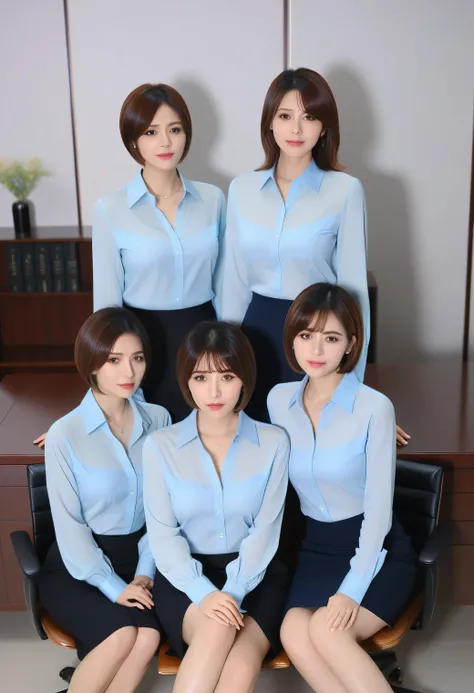 Highest quality、masterpiece、Group photo、(Light blue blouse), Large Breasts, ((Layered Haircut)),(8k,Highest quality),Full Body Shot,Shot from medium distances,office,secretary,President's office,Full body photo、 Adorable, smile, length, Brown Hair, 32K...