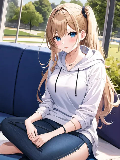 (masterpiece, highest quality:1.2), 1 girl, alone,hoodie、sitting on a blue cushion