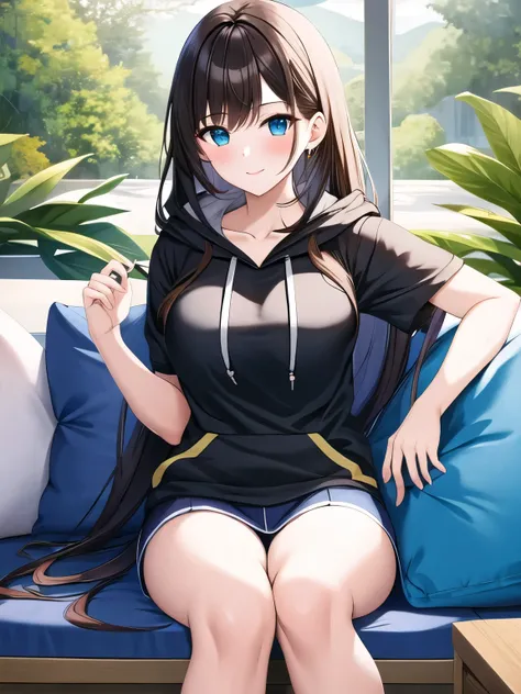 (masterpiece, highest quality:1.2), 1 girl, alone,hoodie、sitting on a blue cushion